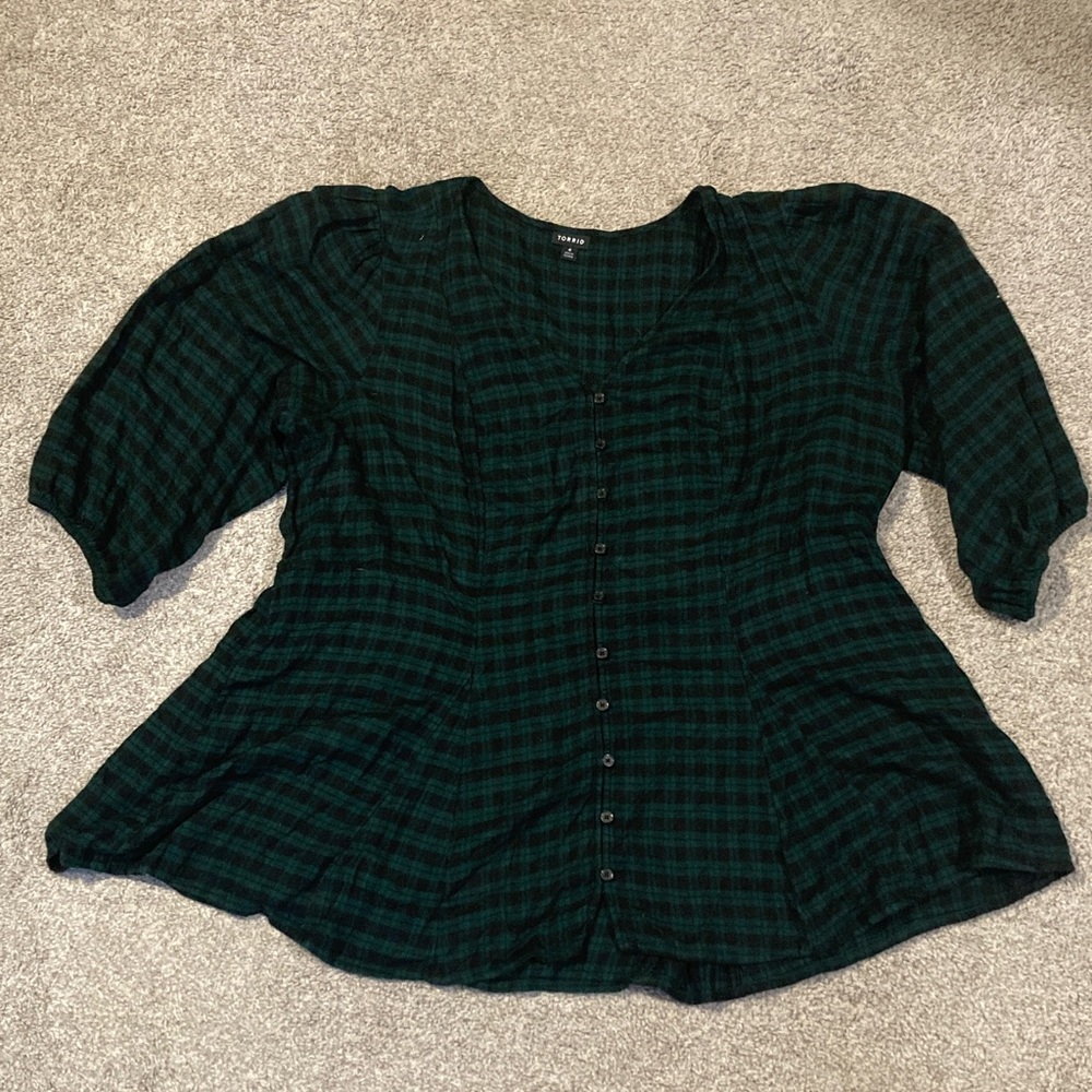 Torrid Green Plaid Button-Up Blouse